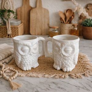 Set Of 2 Bisqueware Bohemian White Owl Mugs|owlcore|dark academia|whimsical